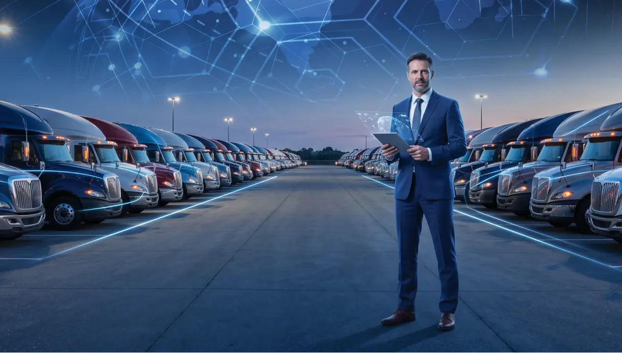 Carrier standing in front of a fleet of trucks
