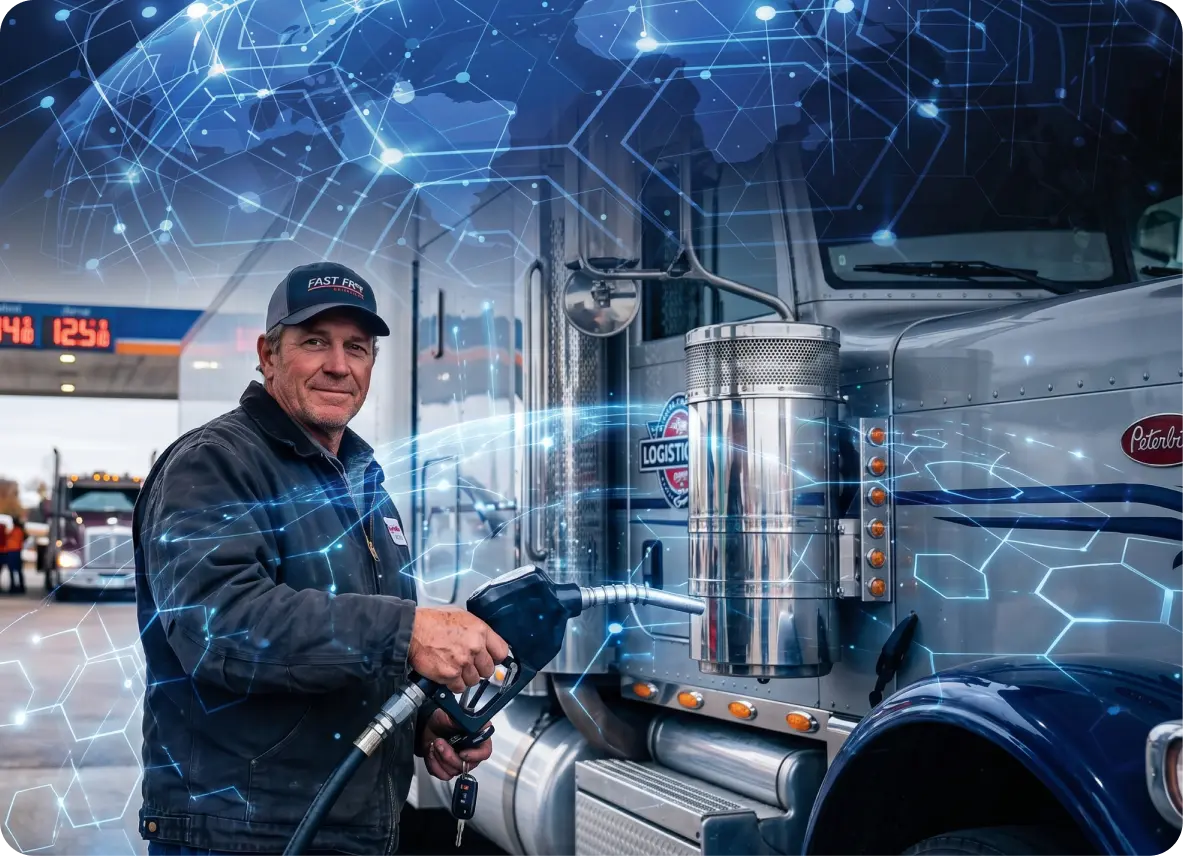 Truck fueling scene with digital overlay graphics